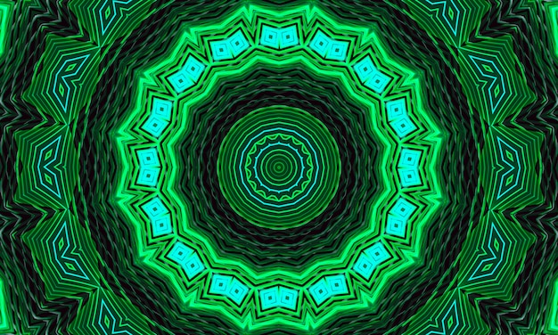 Psychedelic ornament kaleidoscope. Bright neon forms. Ultraviolet illustration. Abstract glowing pattern. Indian, Korean, Arabic ornament. Good for wrapping paper, backgrounds, wallpaper, prints.