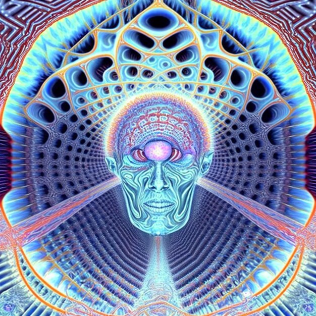 Photo a psychedelic painting of a man's head and the eye is surrounded by a spiral pattern.