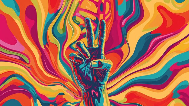 Photo psychedelic peace sign hand against colorful swirl background