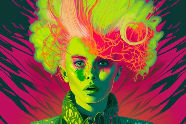 Psychedelic portrait of a woman with neon pink hair and vibrant green eyes