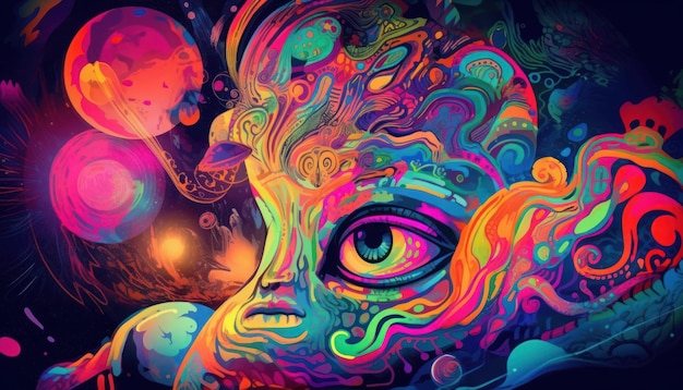 A psychedelic poster of a cat with a rainbow pattern on it.