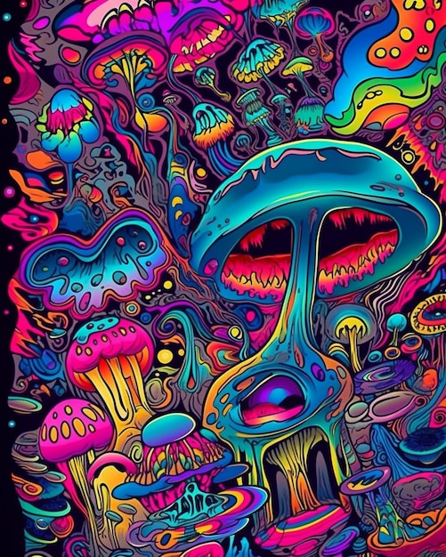 A psychedelic poster of a mushroom with a black background and a blue and green design.