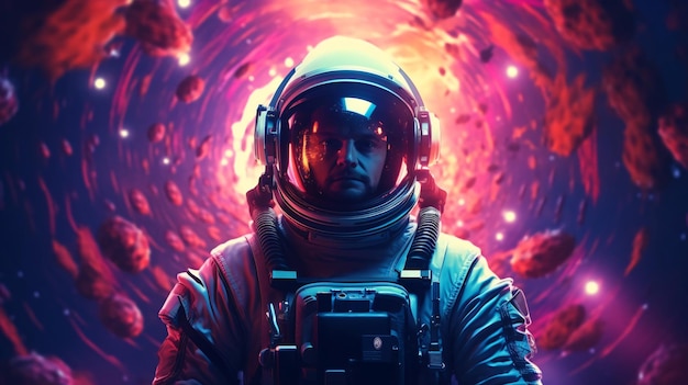 Photo psychedelic retro wave astronaut in neon light pink blue violet trendy colors front view of a space suit