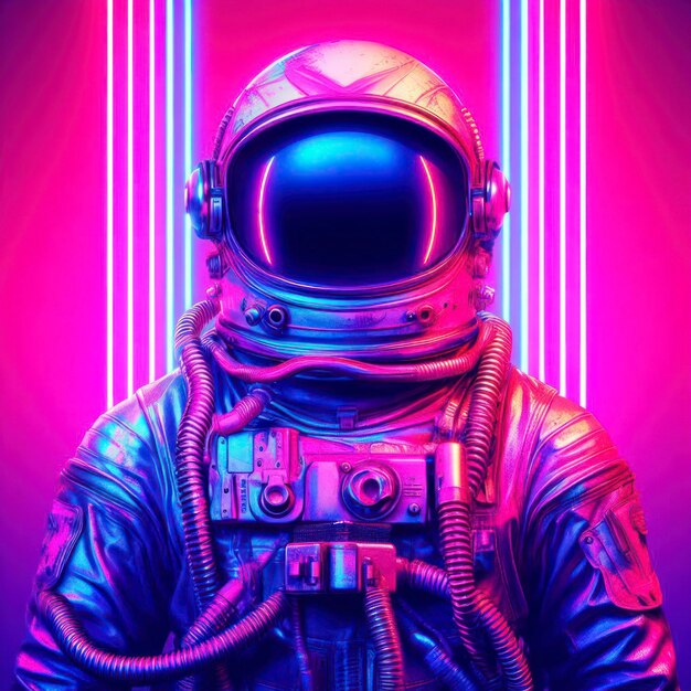 Psychedelic Retro Wave Astronaut in Neon Tubes Light ai generative