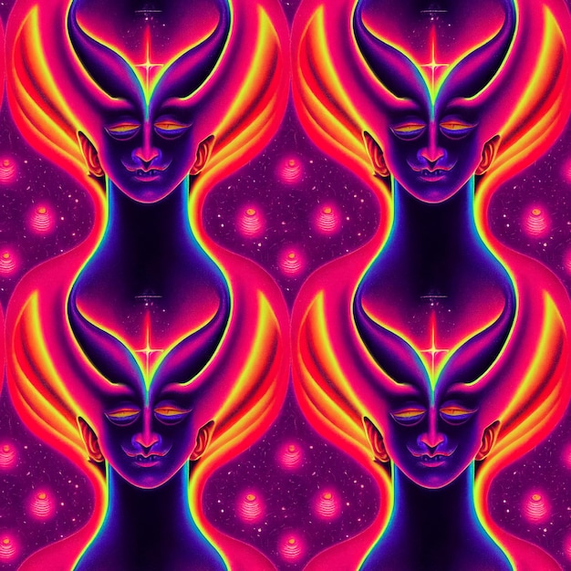 Photo psychedelic seamless pattern with mythical face of a happy god for packaging design layout or web page design or album cover 3d illustration