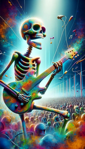 Photo psychedelic skeleton guitarist in concert