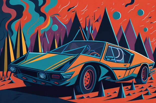 Foto psychedelic space flat cartoon illustratie van auto's in vibrant vector style met patroon in kinderen