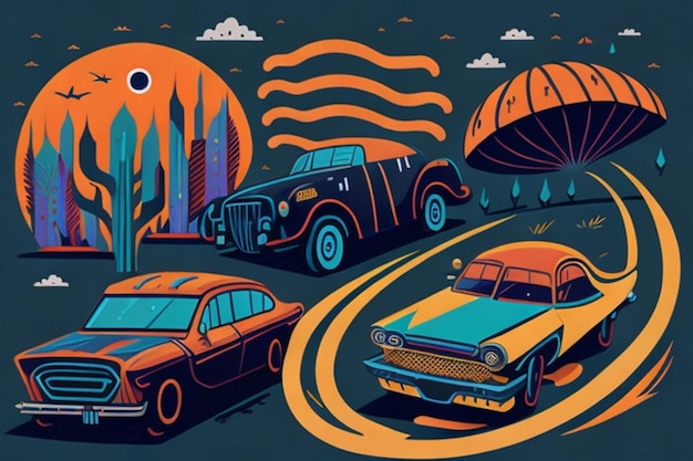 Psychedelic Space Flat Cartoon Illustratie van auto's in Vibrant Vector Style met patroon in kinderen