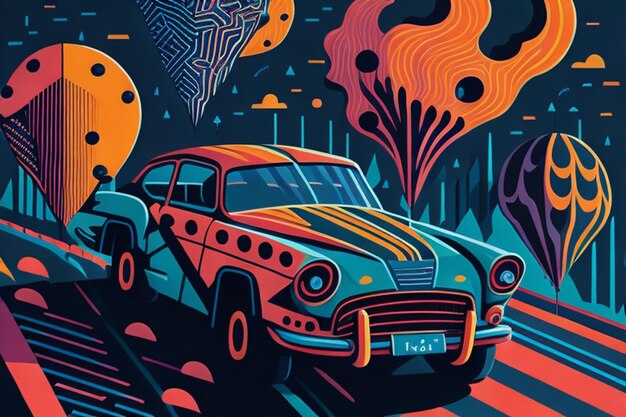 Foto psychedelic space flat cartoon illustratie van auto's in vibrant vector style met patroon in kinderen