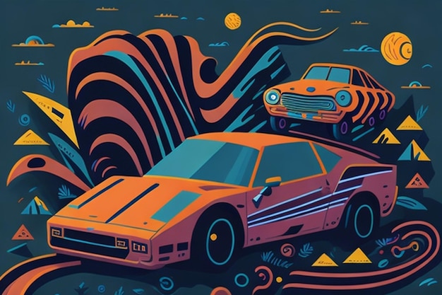 Psychedelic Space Flat Cartoon Illustratie van auto's in Vibrant Vector Style met patroon in kinderen