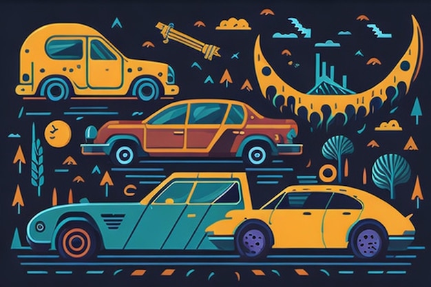 Psychedelic Space Flat Cartoon Illustration of Cars in Vibrant Vector Style with pattern in children