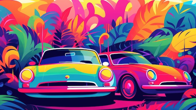 Psychedelic Spaces Flat Cartoon Illustration of Cars in a Vibrant Style