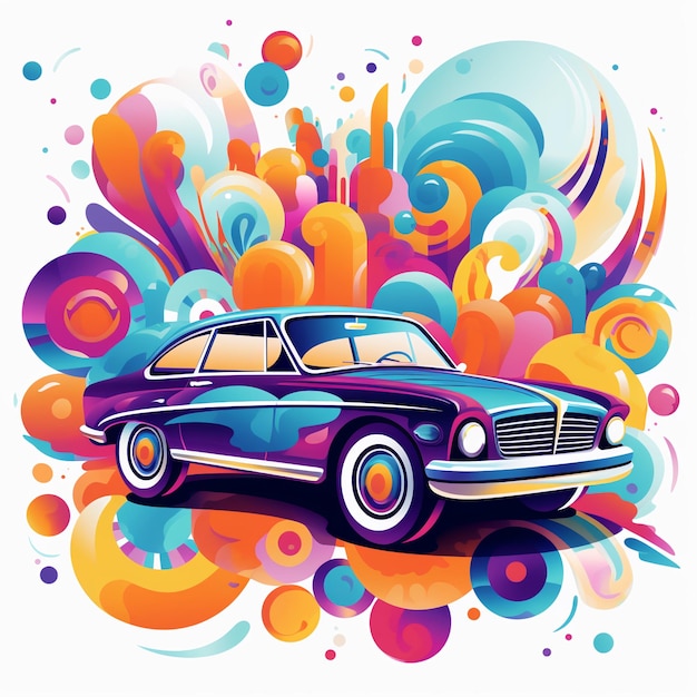 Photo psychedelic spaces flat cartoon illustration of cars in a vibrant vector style