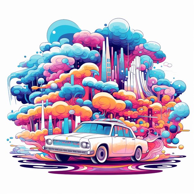 Photo psychedelic spaces flat cartoon illustration of cars in a vibrant vector style