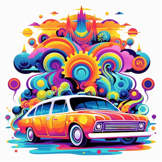 Photo psychedelic spaces flat cartoon illustration of cars in a vibrant vector style