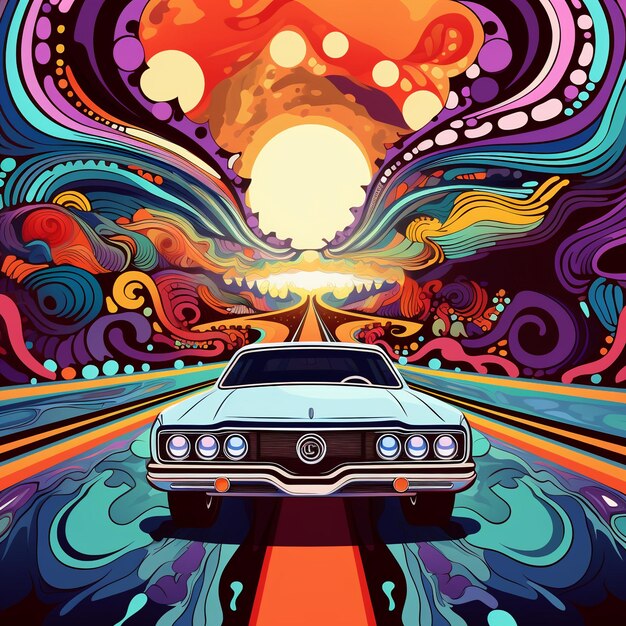 Photo psychedelic spaces flat cartoon illustration of cars in a vibrant vector style