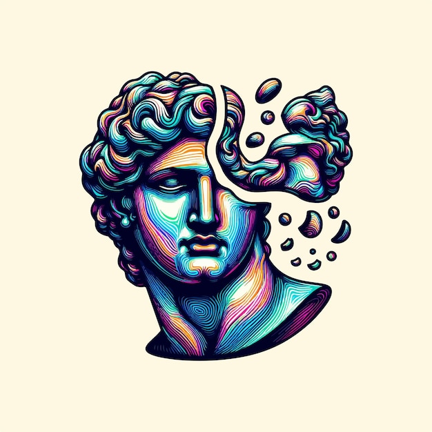 psychedelic statue head of greek sculpture psychedelic vector illustration