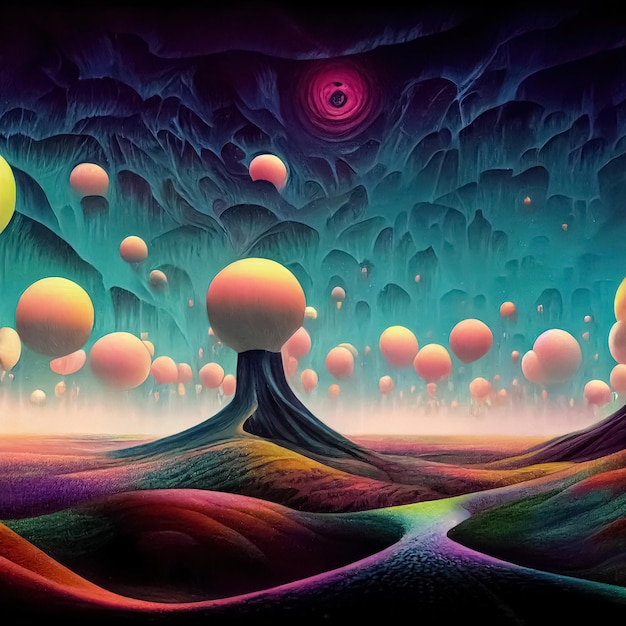 Psychedelic surreal landscape digital 3d illustration of\
spiritual journey insight fantasy scene