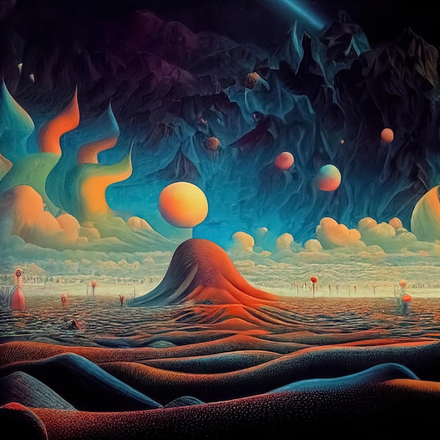 Psychedelic surreal landscape digital 3d illustration of\
spiritual journey insight fantasy scene