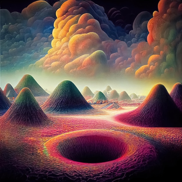 Psychedelic surreal landscape illustration of spiritual journey
insight fantasy magic scene