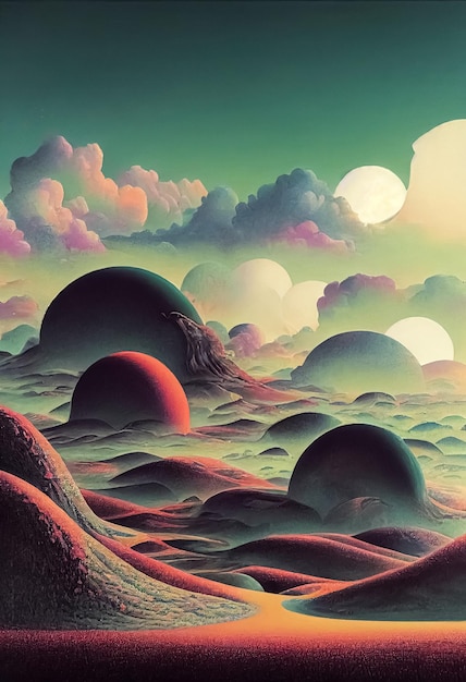 Psychedelic surreal landscape illustration of spiritual journey\
insight fantasy magic scene