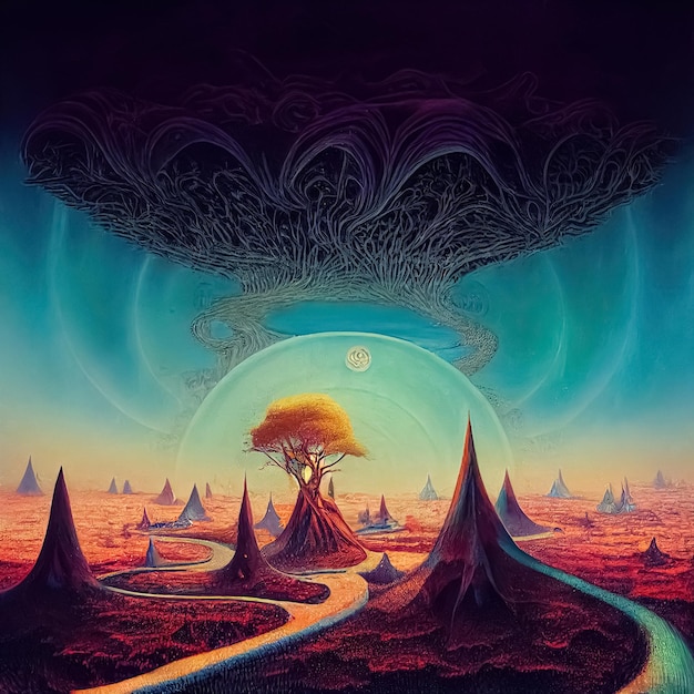 Psychedelic surreal landscape Illustration of spiritual journey insight Fantasy magic scene