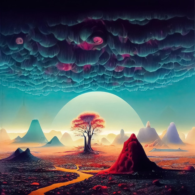 Psychedelic surreal landscape Illustration of spiritual journey insight Fantasy magic scene