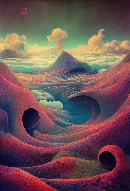 Psychedelic surreal landscape Illustration of spiritual journey insight Fantasy magic scene