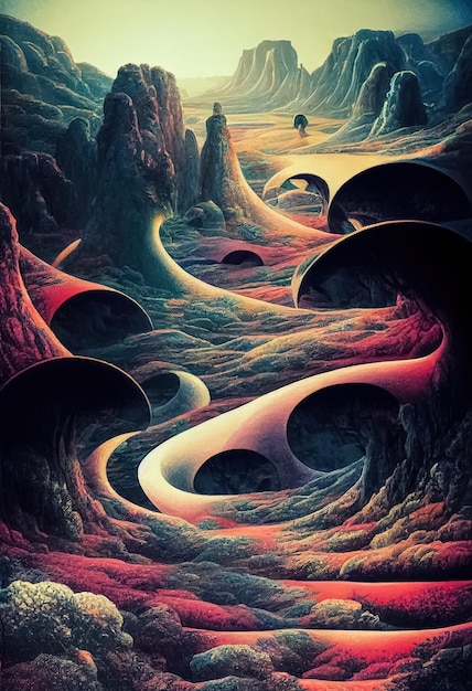 Psychedelic surreal landscape Illustration of spiritual journey insight Fantasy magic scene