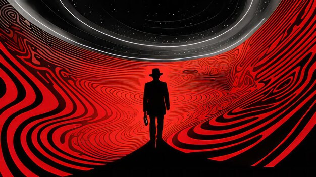 Photo psychedelic surrealist landscape man standing in tunnel with open hole