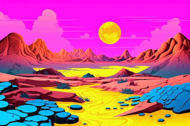 психоделический synthwave горы пейзаж кислотные цвета Y2K 90-х стиль мультфильм фон