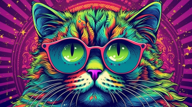 Psychedelic trippy cat cartoon 70s rave style acid color Retrowave concept