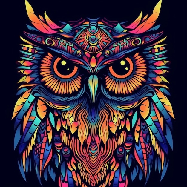Psychedelic trippy owl cartoon 70s rave style acid color Retrowave concept