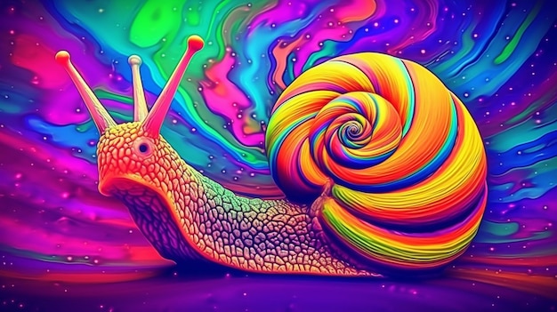 Psychedelic trippy snail cartoon 70s rave style acid color retrowave concept