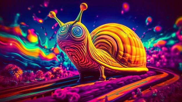 Psychedelic trippy snail cartoon 70s rave style acid color Retrowave concept