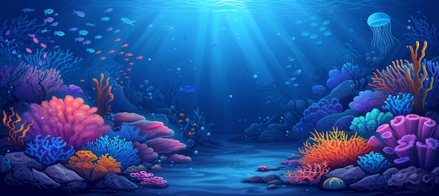 Psychedelic underwater world with vibrant coral reefs and luminous sea creatures