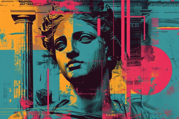 Psychedelic visual trends surreal antique greek god sculpture roman column statues vibrant neon colors creating a mesmerizing and avantgarde fusion of past and present