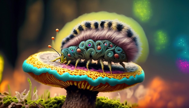 Photo psychedelic wonderland fuzzy caterpillar rests on a mushroom a colorful journey into nature's whims