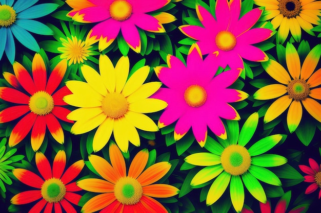 Psychedelisch patroon van kleurrijke zure bloemen in de stijl van Generative AI uit de jaren 70