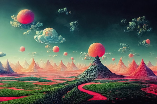 Psychedelisch surrealistisch landschap Illustratie van spiritueel reisinzicht Fantasie magische scène