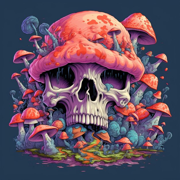 Psychedelisch Wonderland Het verkennen van paddestoelen Schedels en Cartoon Trippiness