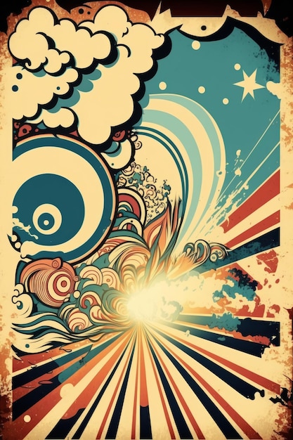 Psychedelische abstracte achtergrond cover banner ontwerp Retro jaren '60 jaren '70 patroon Generatieve ai