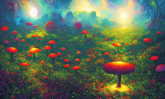 Psychedelische abstracte achtergrond met felgekleurde paddenstoelen