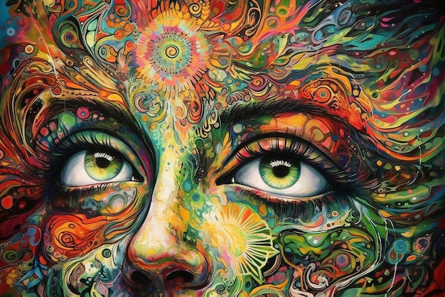 Psychedelische kunstSjamanistische meditatie De reis van bewustzijn Een draak in een boomstam Het magische oog Generatieve AI