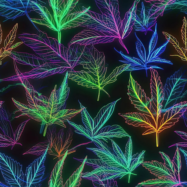 Psychedelische neonachtergrond met naadloos marihuana-cannabisbladpatroon Generatieve AI-illustratie