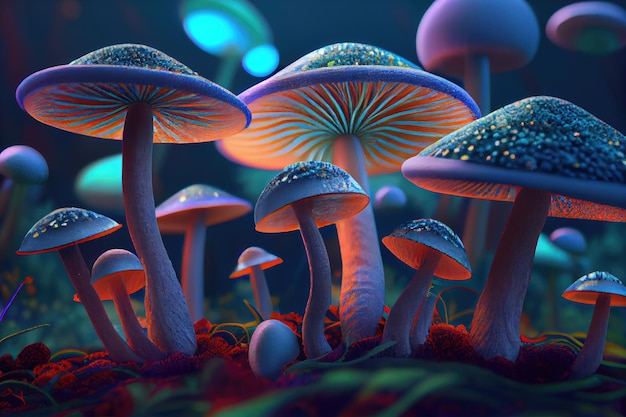 Psychedelische paddenstoelen groeien 's nachts buiten generatieve ai