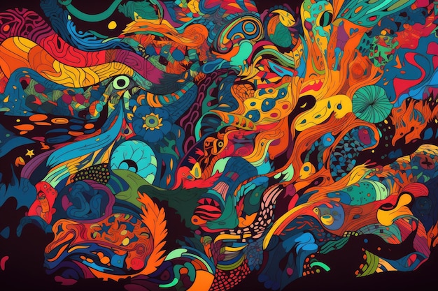 Psychedelische print met levendige kleuren en abstracte ontwerpen gemaakt met generatieve AI