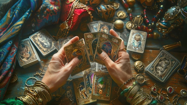 A psychics hands reveal tarot cards during a mystical reading