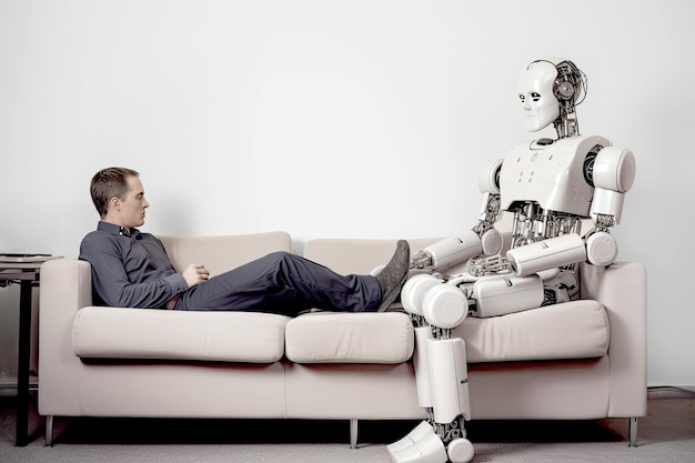 Psychological help and support A man communicates with a psychologist robot