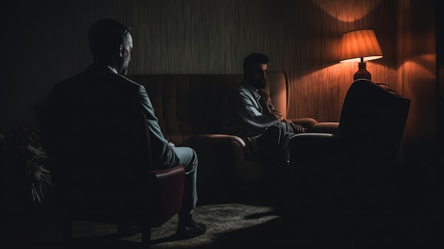 psychologist consulting with patient in dark background